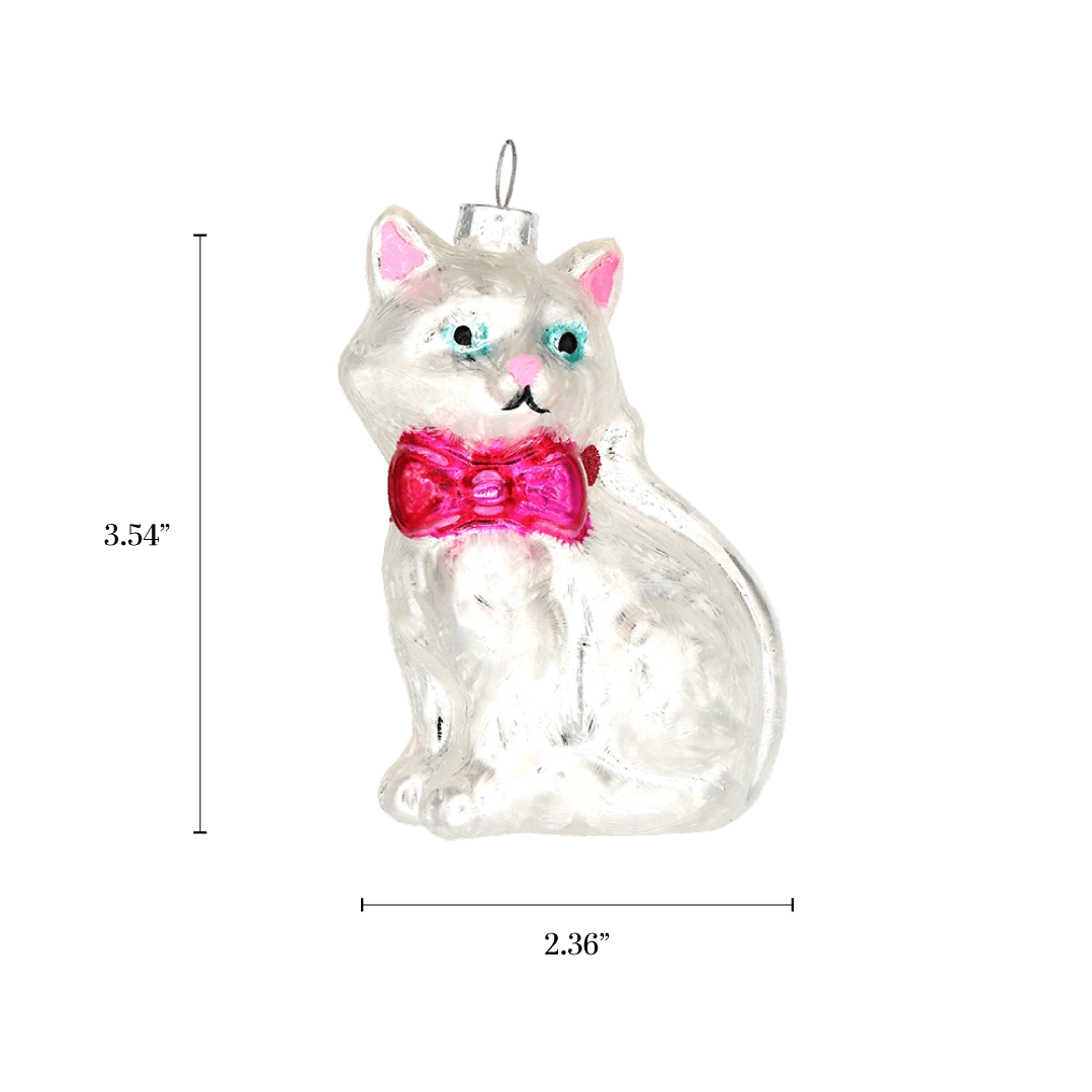 Chive glass white cat ornament with a dimension diagram showing its seated pose.
