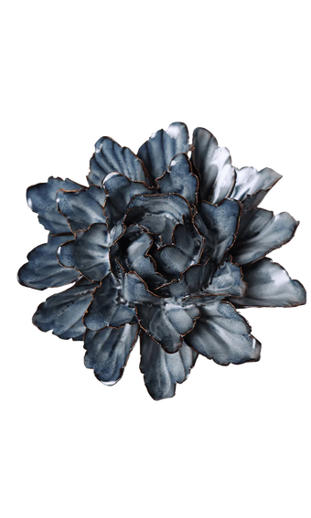A sculptural metal wall flower with layered petals in a slate blue-gray finish and dark copper-toned edging, shown against a plain white background.