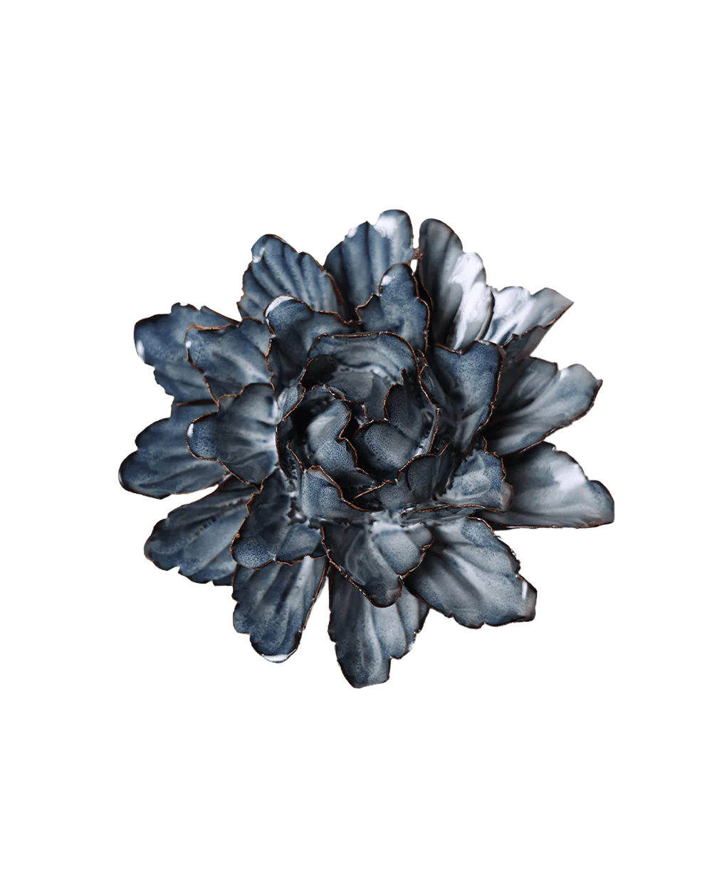 A sculptural metal wall flower with layered petals in a slate blue-gray finish and dark copper-toned edging, shown against a plain white background.