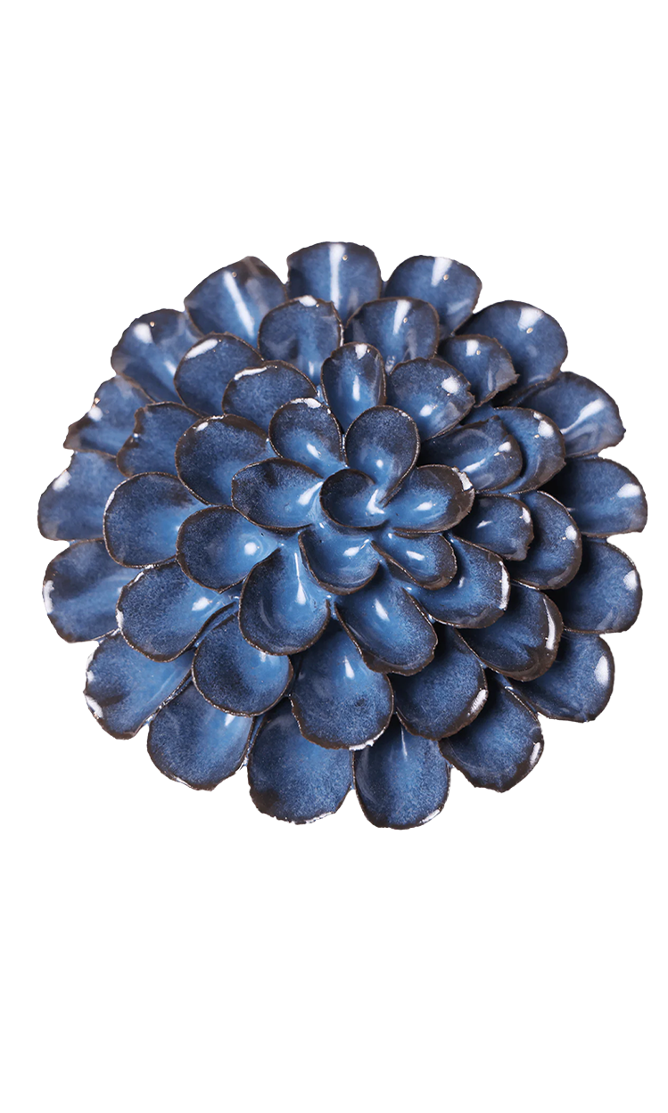 A round, multi-petal succulent-style decorative wall piece in a glossy blue finish with dark brown edging, shown against a plain white background.