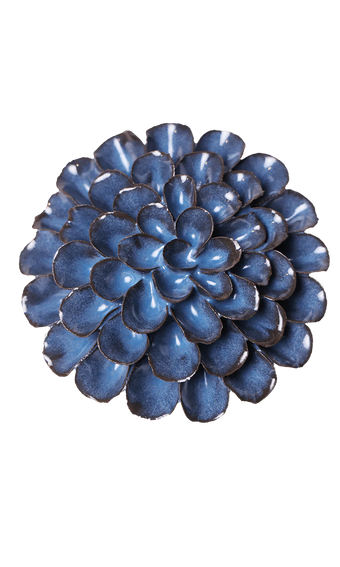 A round, multi-petal succulent-style decorative wall piece in a glossy blue finish with dark brown edging, shown against a plain white background.