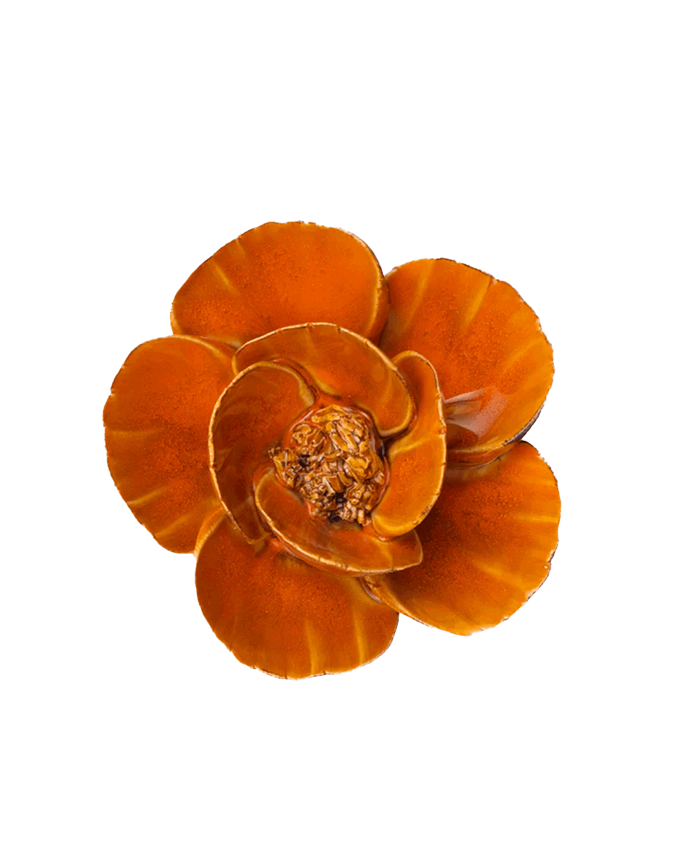An orange ceramic flower-shaped candle holder with layered petals and a textured brown center, isolated on a white background.