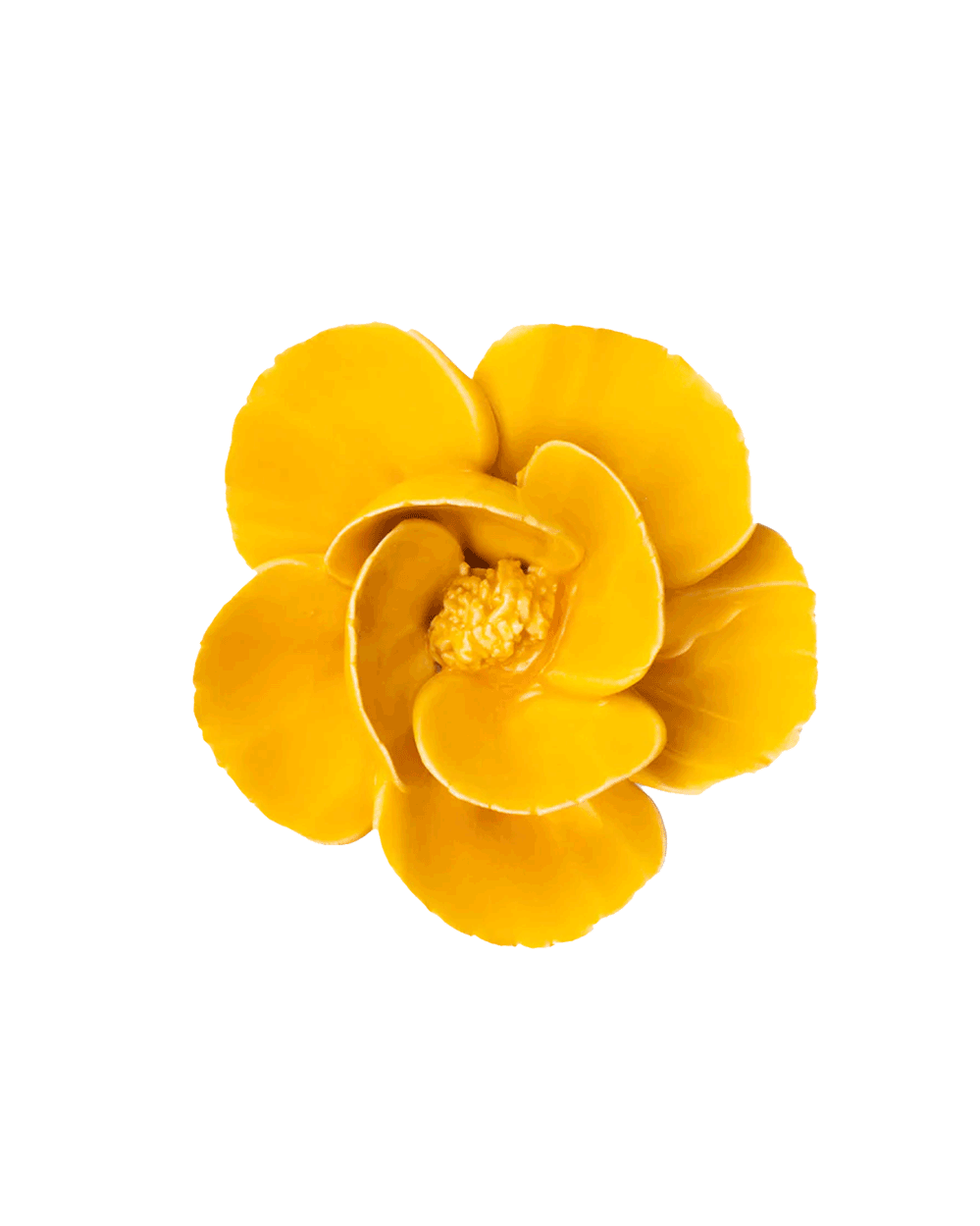 A bright yellow artificial flower with layered petals and a textured center, isolated on a plain white background.