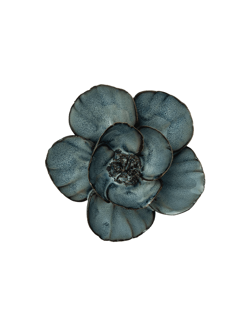 A single flower-shaped decorative object with five rounded petals in a mottled slate blue-gray color, isolated on a solid black background.