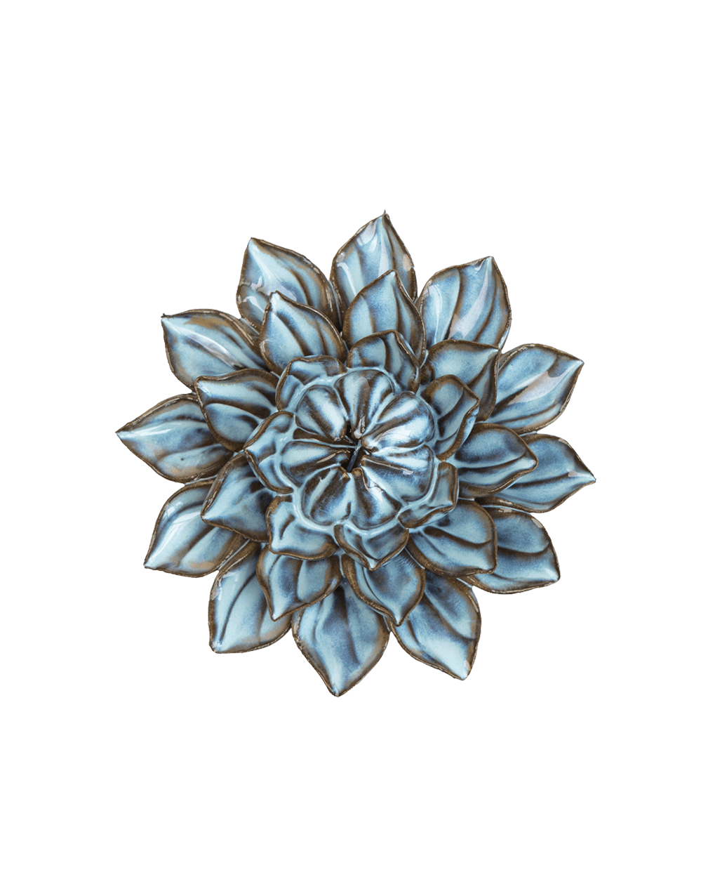 A blue succulent flower-shaped brooch with metallic gold-toned outlines and shading, isolated on a white background.