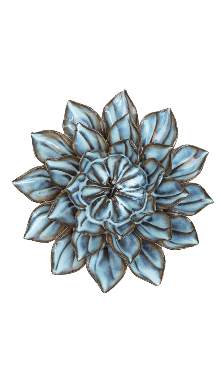 A blue succulent flower-shaped brooch with metallic gold-toned outlines and shading, isolated on a white background.