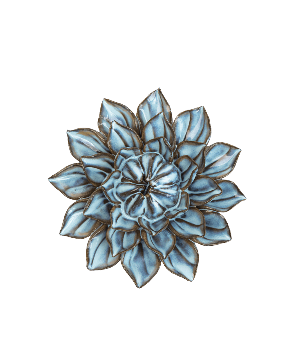 A blue succulent flower-shaped brooch with metallic gold-toned outlines and shading, isolated on a white background.