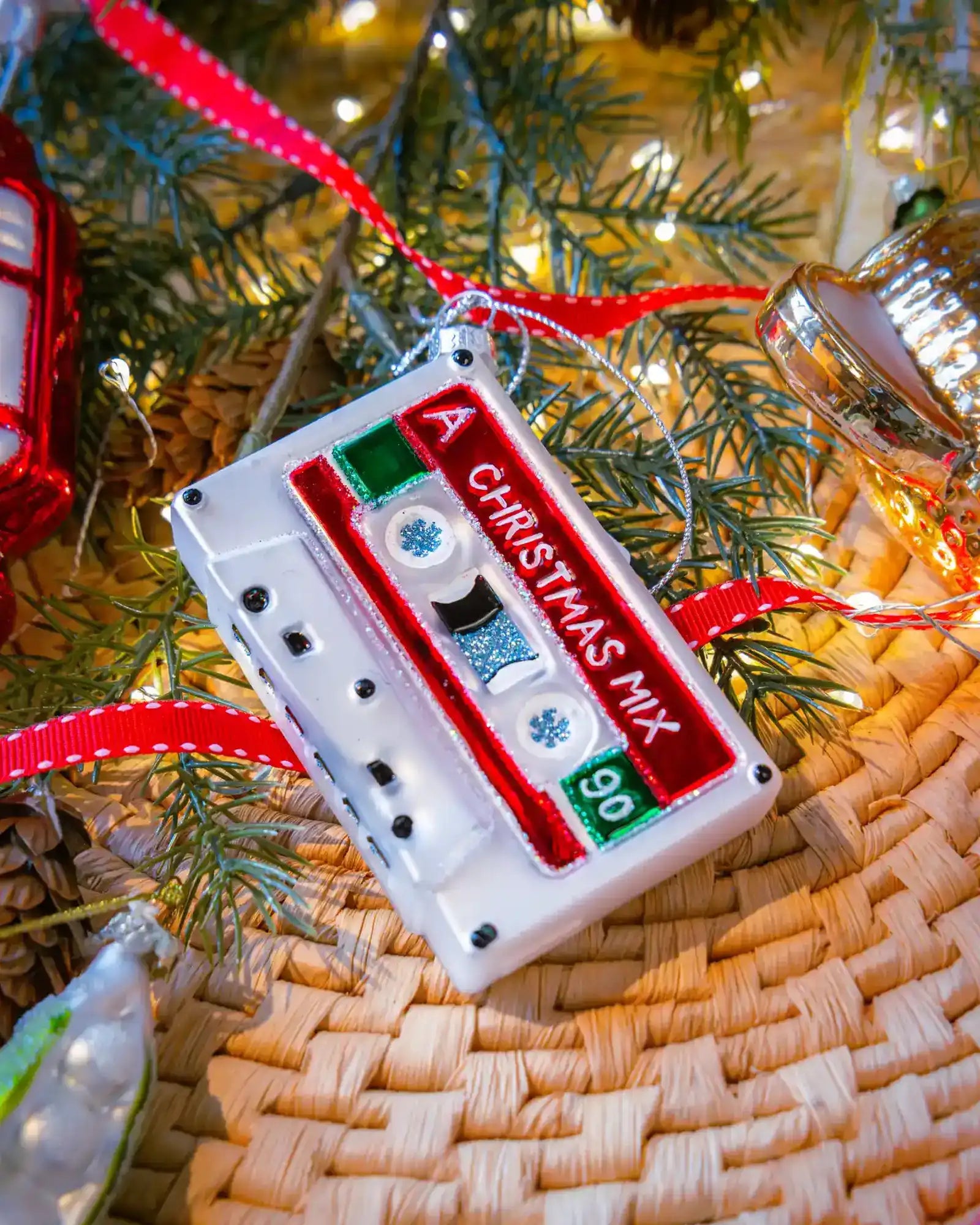 Cassette ornament styled on a decorated Christmas tree