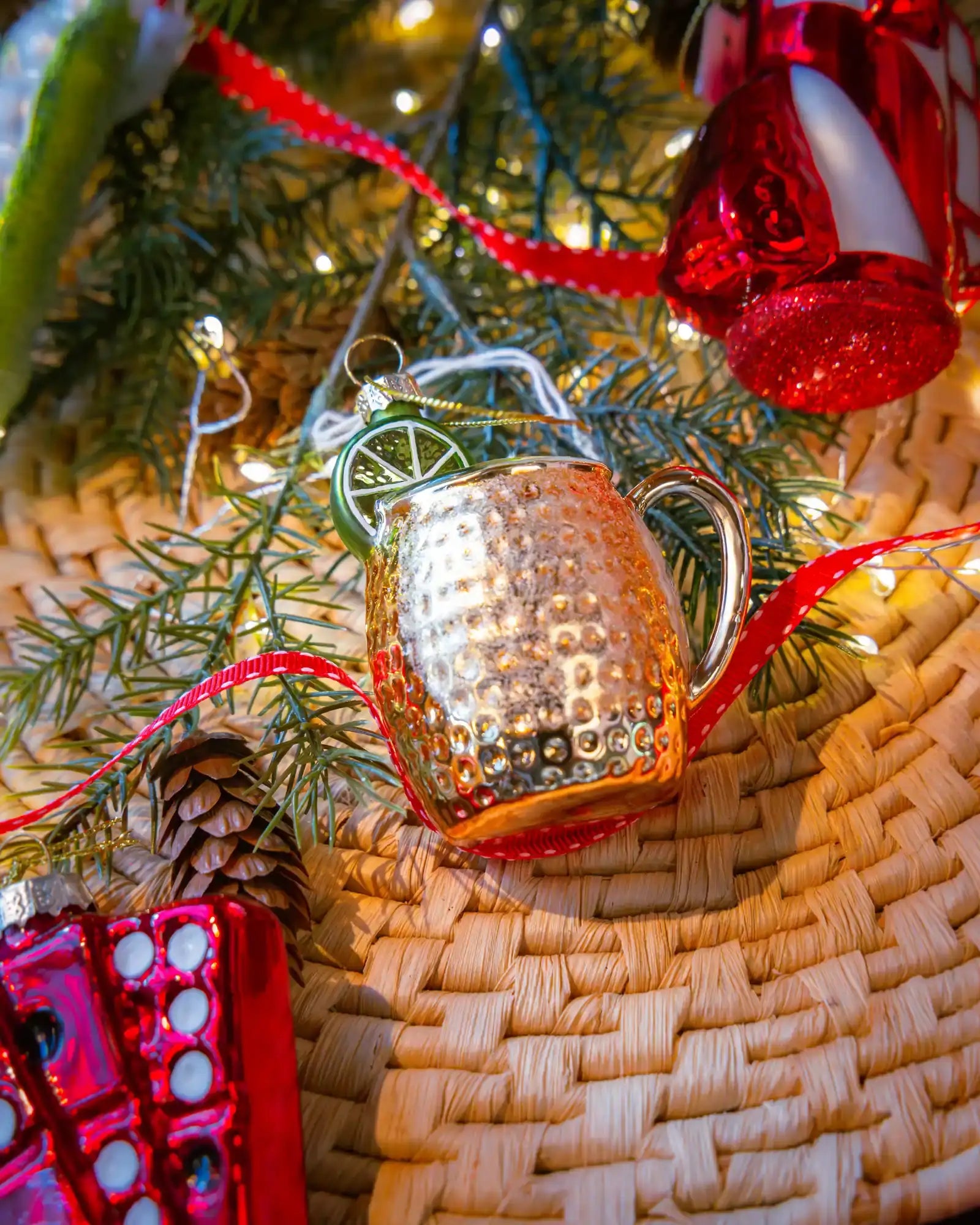 Moscow Mule ornament styled on a decorated Christmas tree
