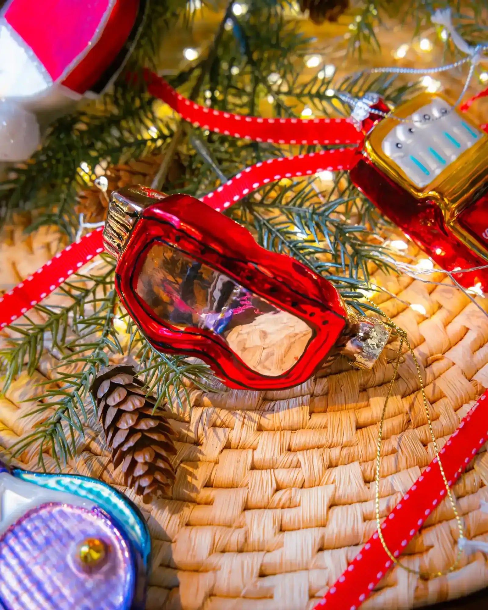 Ski goggles ornament styled on a decorated Christmas tree