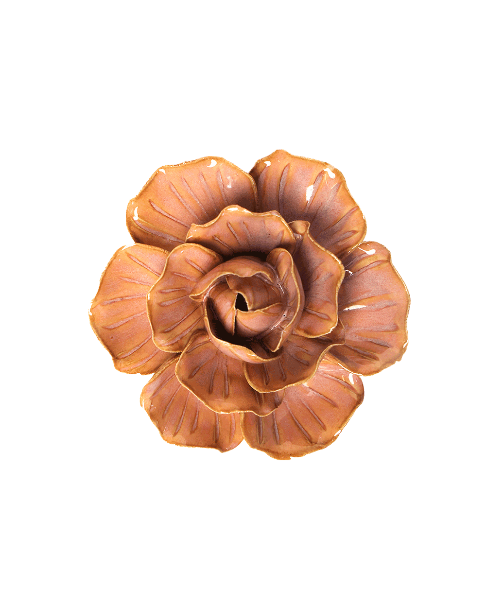 A single sculptural rose-shaped decorative object in a glossy warm brown finish, centered on a plain white background.