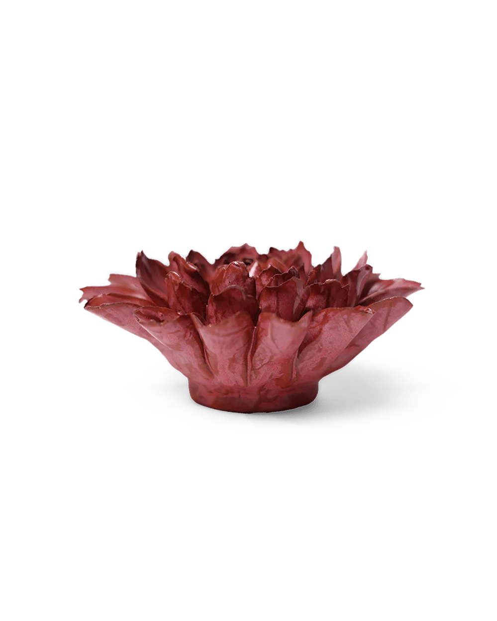 A sculptural, dahlia-shaped bowl or planter made from layered, petal-like reddish-brown material, shown on a clean white background with a soft shadow.