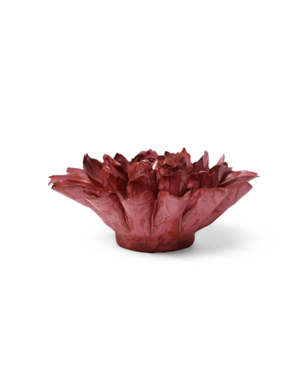 A sculptural, dahlia-shaped bowl or planter made from layered, petal-like reddish-brown material, shown on a clean white background with a soft shadow.