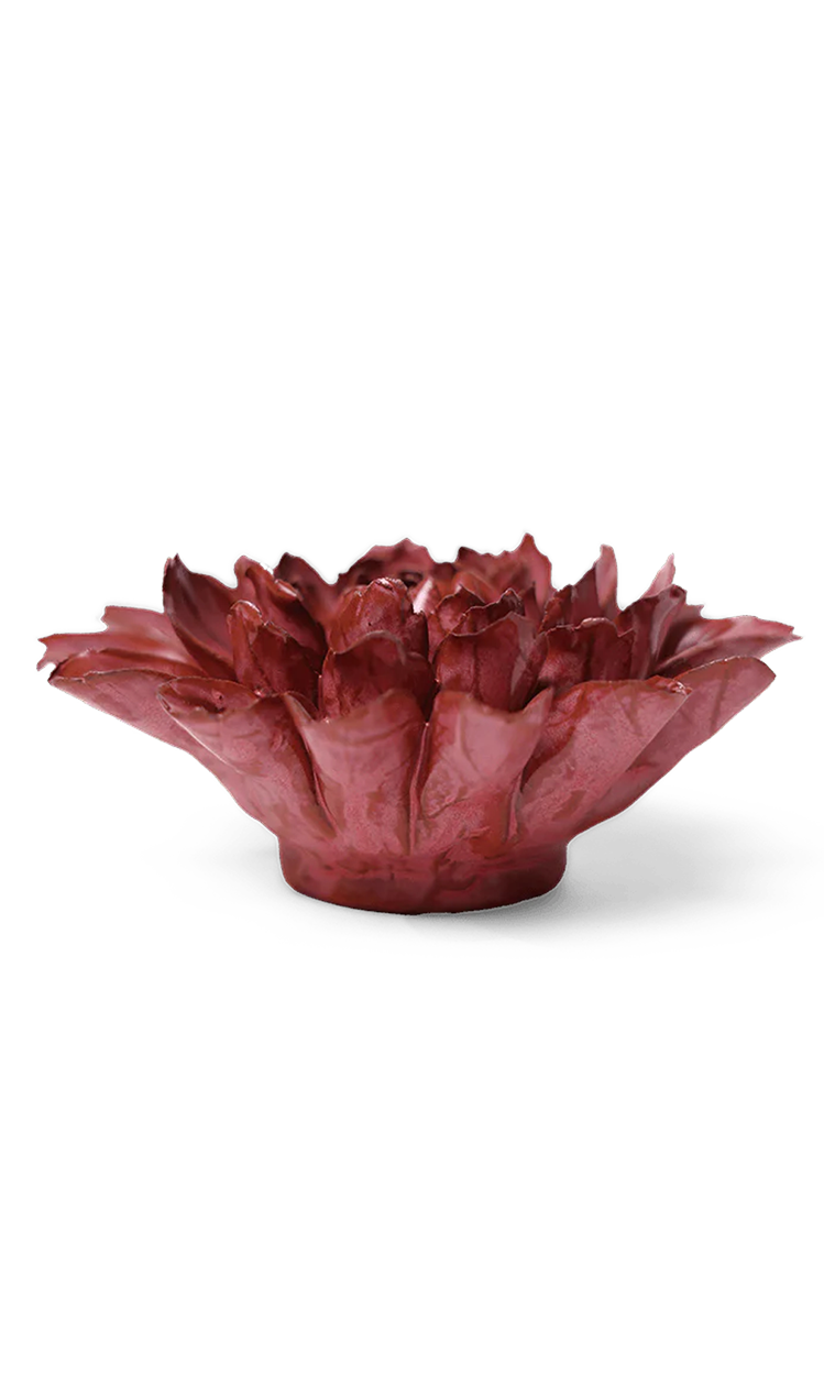 A sculptural, dahlia-shaped bowl or planter made from layered, petal-like reddish-brown material, shown on a clean white background with a soft shadow.