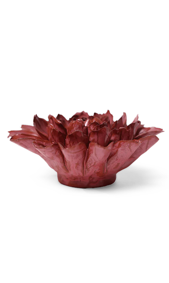 A sculptural, dahlia-shaped bowl or planter made from layered, petal-like reddish-brown material, shown on a clean white background with a soft shadow.
