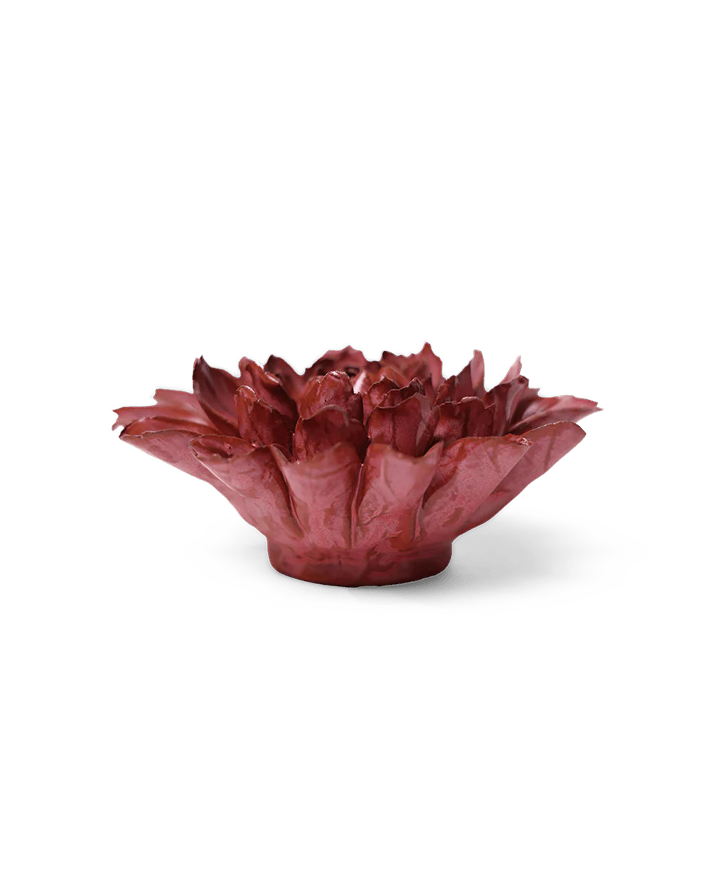 A sculptural, dahlia-shaped bowl or planter made from layered, petal-like reddish-brown material, shown on a clean white background with a soft shadow.