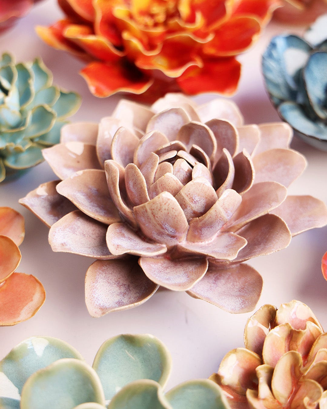 Pink Sand Starbrite Water Lily mounted on a bathroom wall, Chive Ceramics Studio