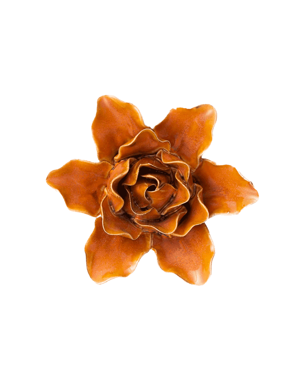 An orange-brown ceramic flower-shaped object, resembling a stylized rose or dahlia, centered on a plain white background.