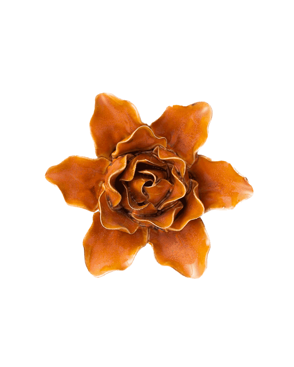 An orange-brown ceramic flower-shaped object, resembling a stylized rose or dahlia, centered on a plain white background.