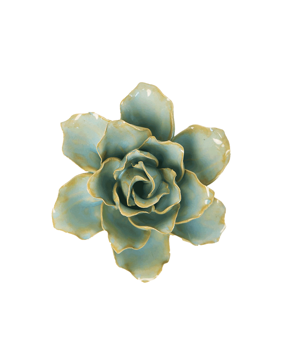 A ceramic succulent flower figurine with a glossy light blue-green glaze and gold-toned edging, isolated on a white background.