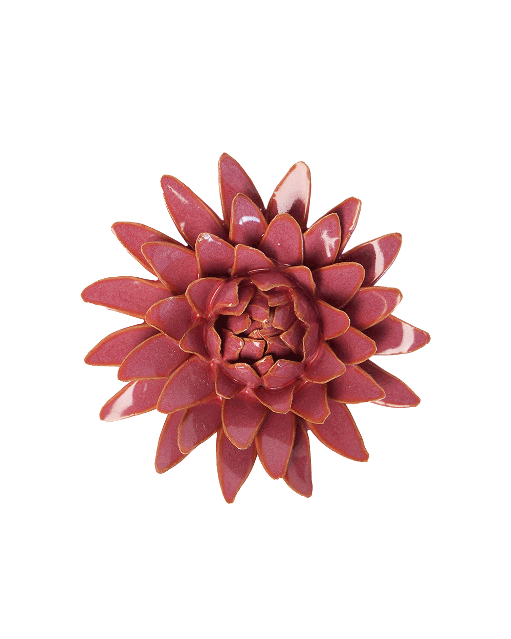 A ceramic succulent flower figurine in a deep burgundy red glaze, isolated on a solid white background.