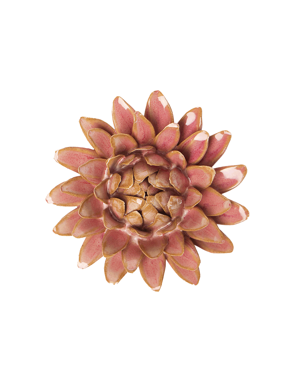 A single artificial flower head with layered petals in dusty pink, mauve, and tan tones, isolated on a plain white background.