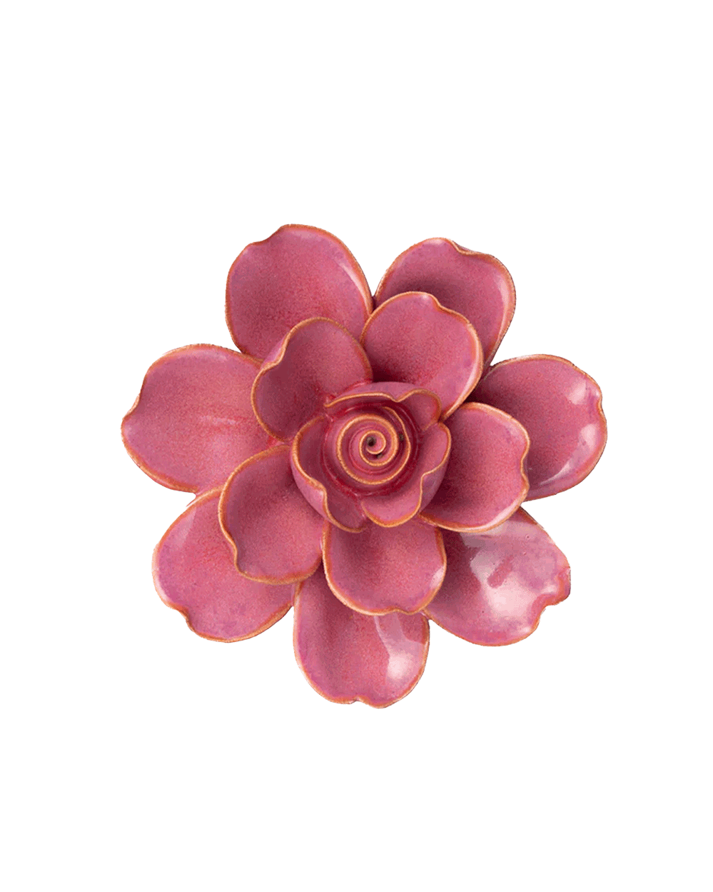 A single artificial-looking flower with layered petals in a dusty rose pink color, outlined with a thin metallic gold edge, isolated on a solid black background.