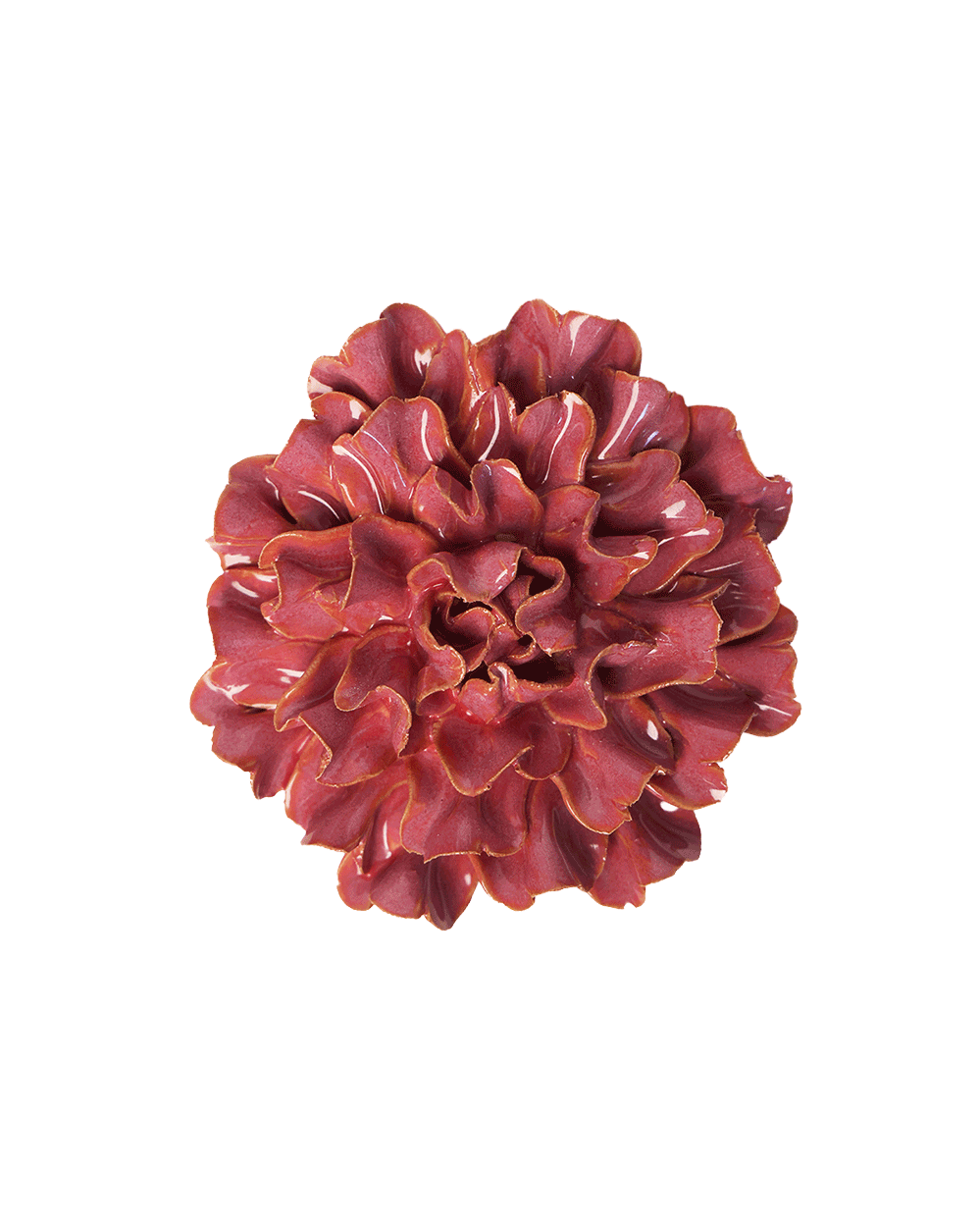 A single artificial flower with ruffled petals in a deep burgundy red color, isolated on a solid white background.