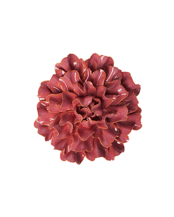 A single artificial flower with ruffled petals in a deep burgundy red color, isolated on a solid white background.