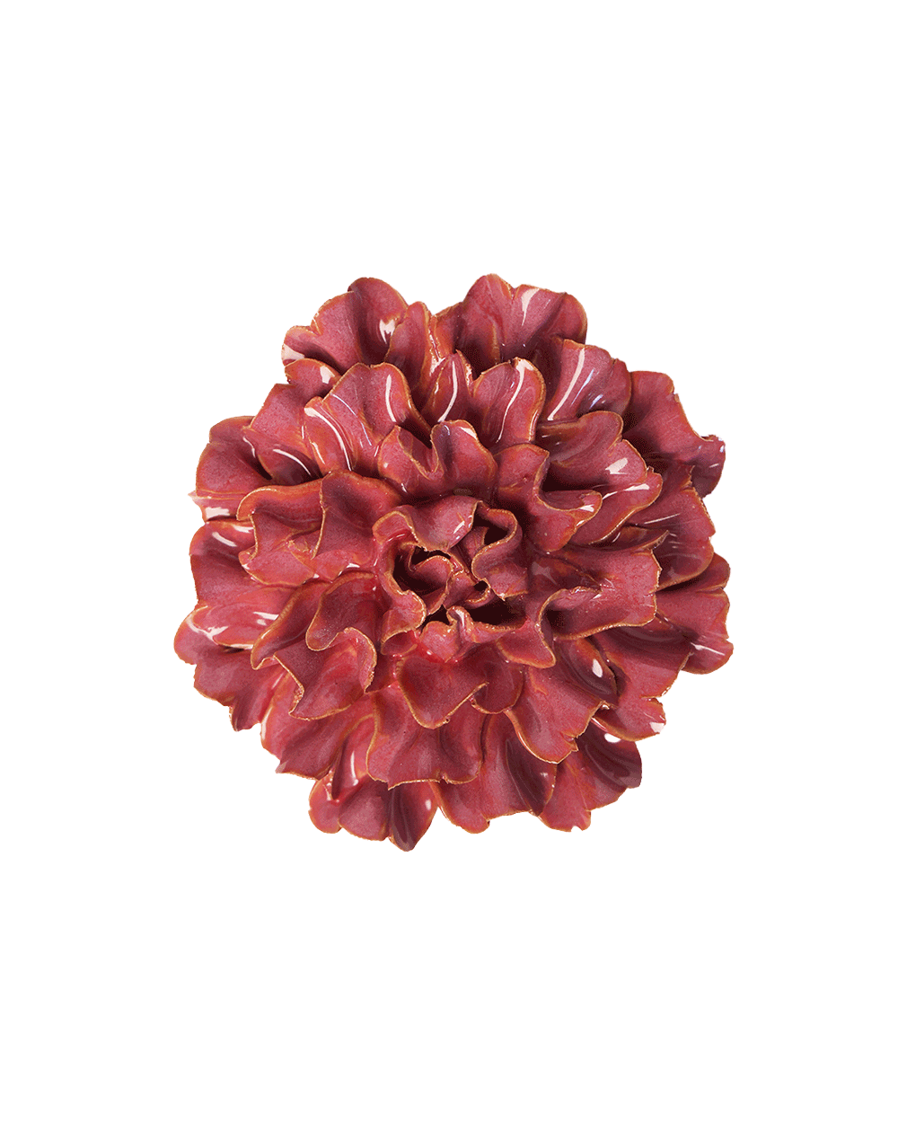 A single artificial flower with ruffled petals in a deep burgundy red color, isolated on a solid white background.