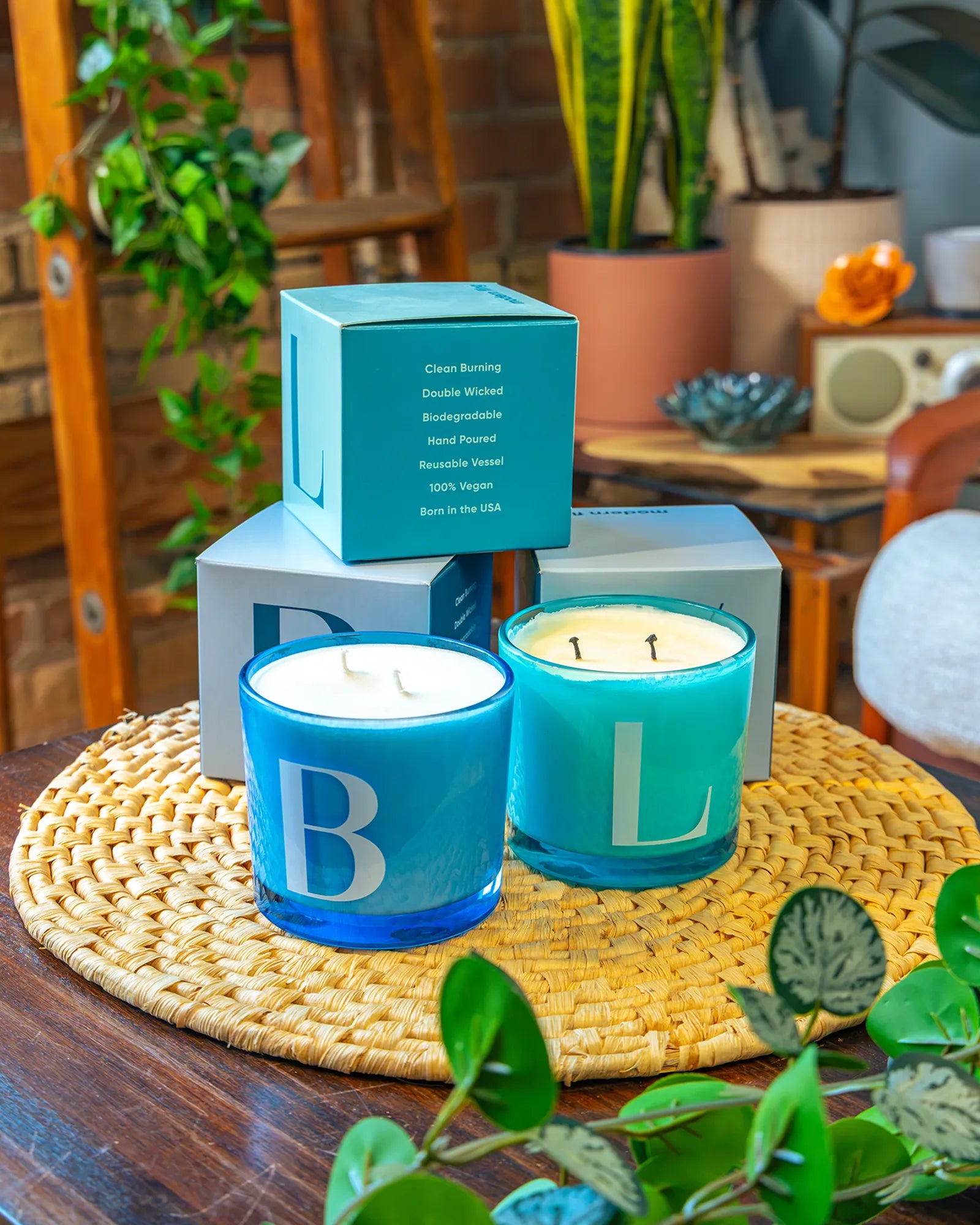 Two Chive Modern Fling Blue baby doll and loverboy coconut soy medium candles styled with packaging boxes in a home setting.