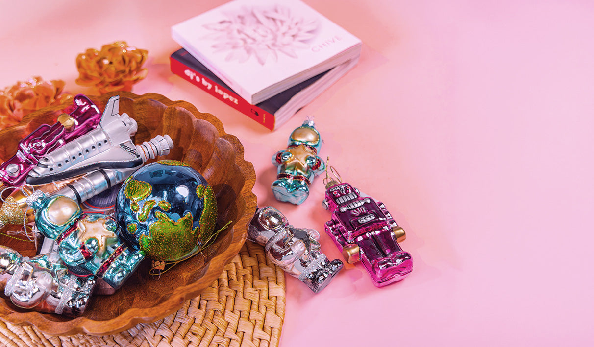 Rocket and alien glass ornaments grouped together, gifts for engineers — by Chive Studio