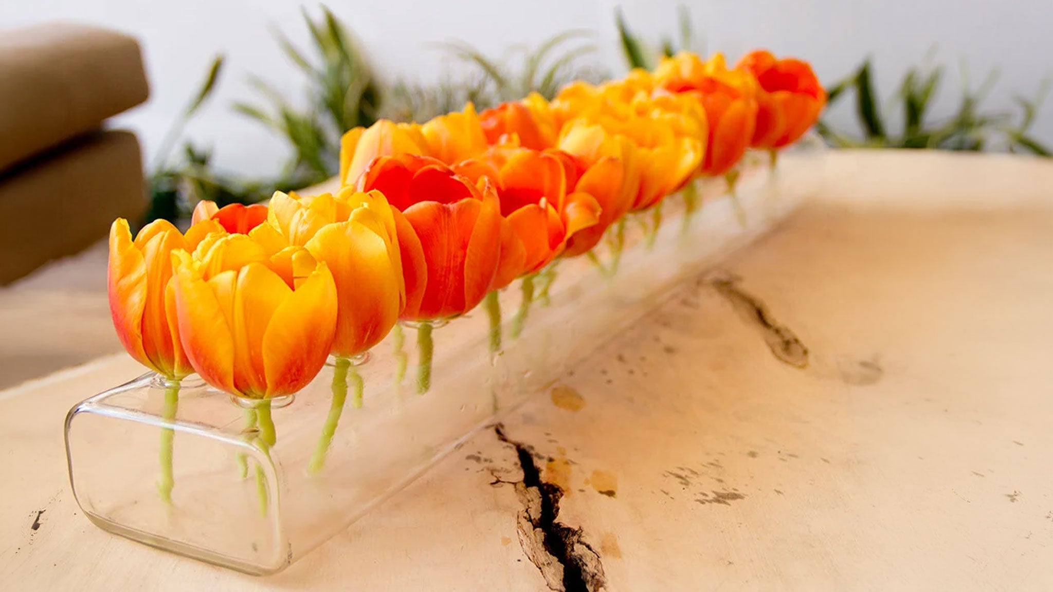Vases from Chive Studio in glass and ceramic, grouped together with fresh flowers