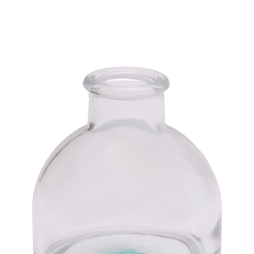 Chive Loft round glass bud vase in clear glass, close-up on the flared neck and rim.