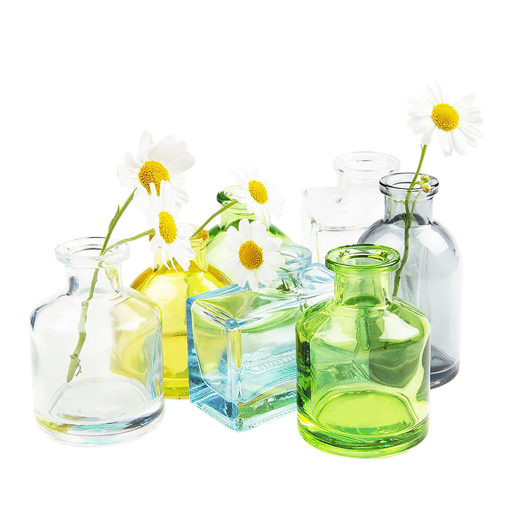 Chive Loft glass bud vase collection groups clear, yellow, green, blue, and smoke round and square jars.