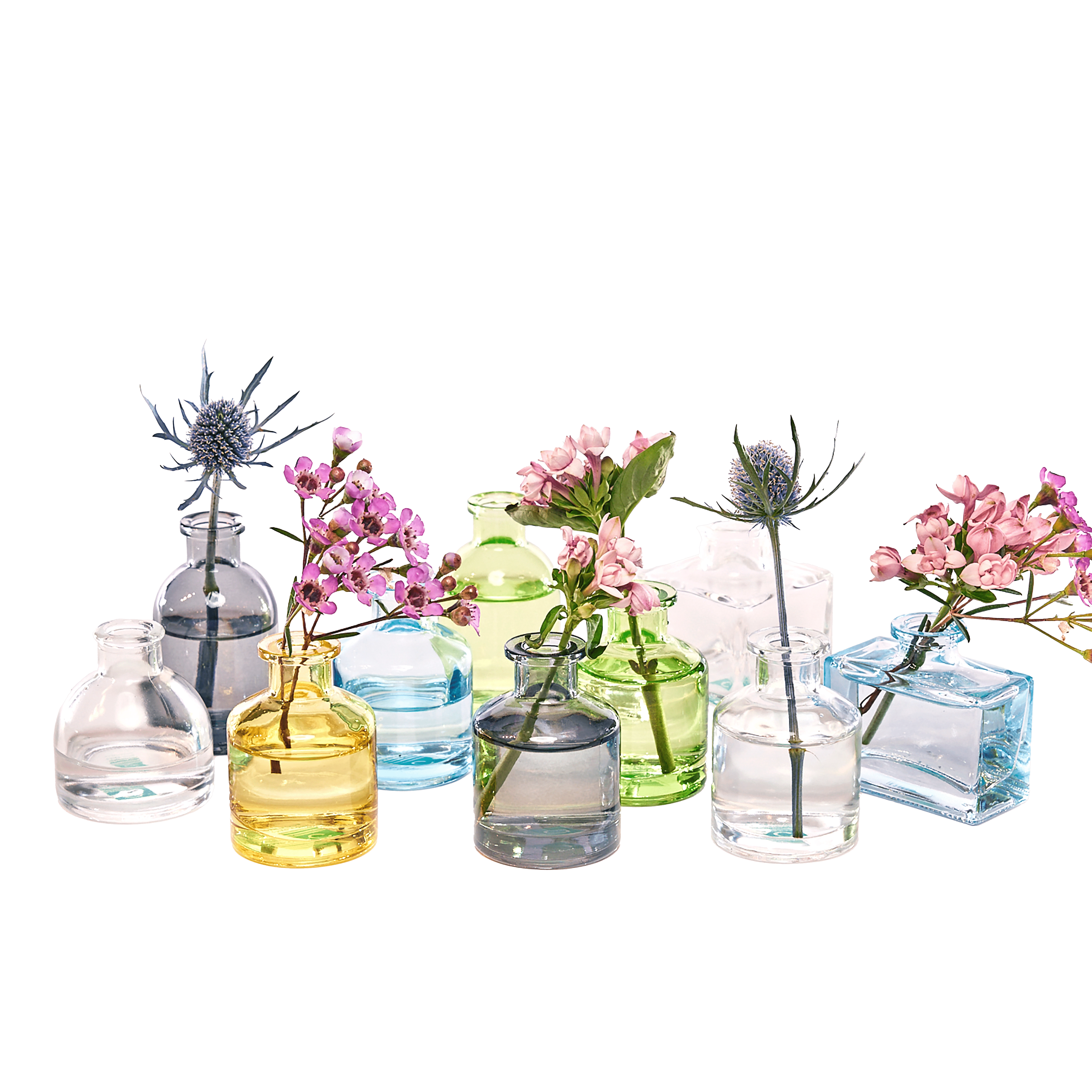 Chive Loft glass bud vase collection mixes clear, amber, sage, and blue jars in round and square shapes.