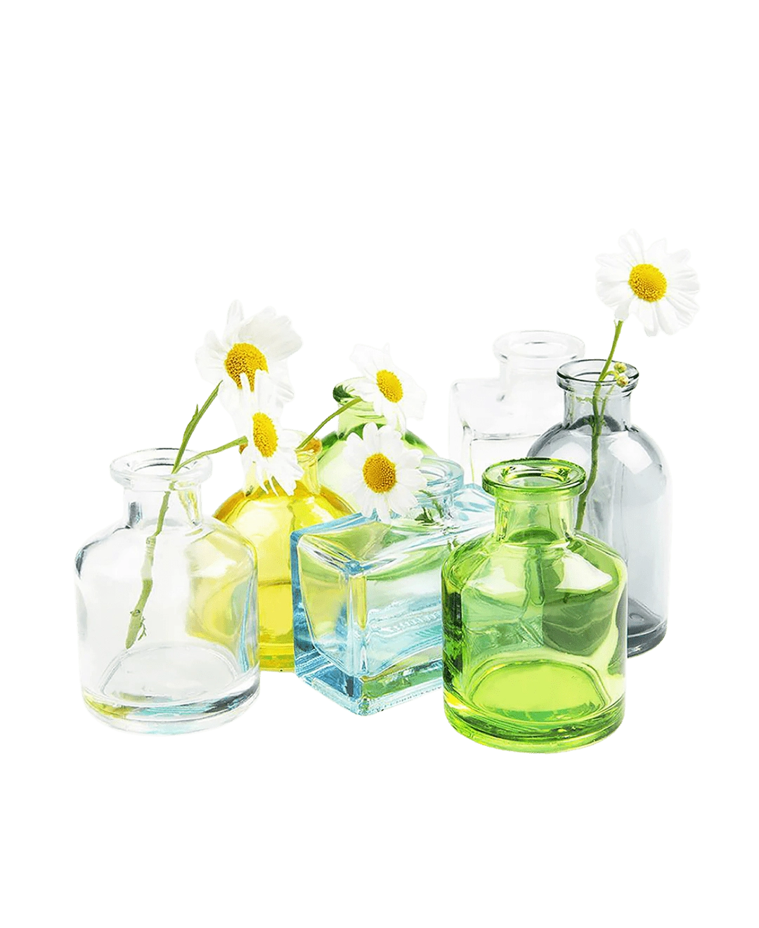 Chive Loft glass bud vase collection mixes clear, yellow, blue, and green jars with white daisies.