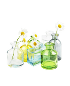 Chive Loft glass bud vase collection mixes clear, yellow, blue, and green jars with white daisies.