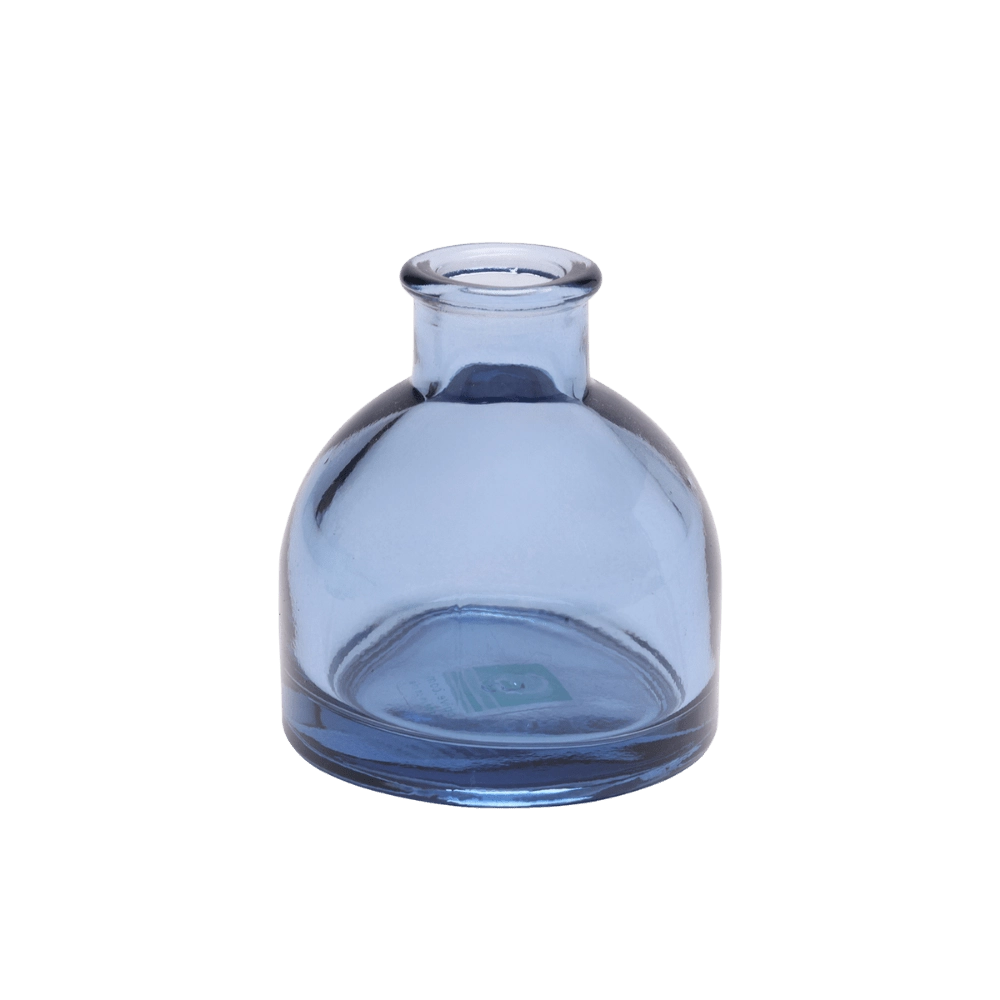 Chive Loft round glass bud vase in medium blue, shown straight-on with a smooth glossy finish.