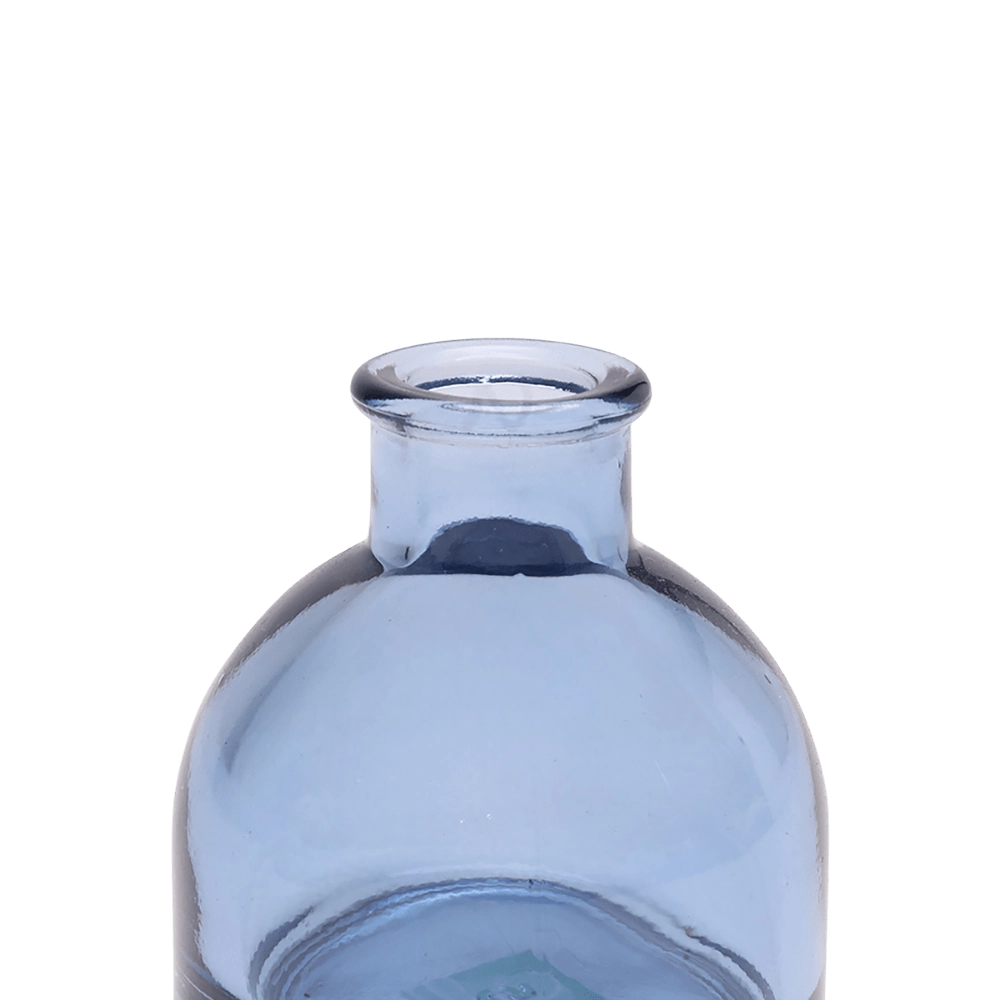 Chive Loft round glass bud vase in medium blue, close-up on the flared neck and rim.