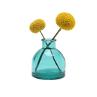 Chive Loft round glass bud vase in teal holding two yellow billy ball blooms, crossed at the stems.