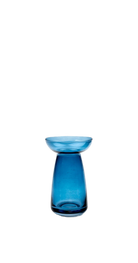 A translucent blue glass vase with a flared rim and a tapered base, centered on a plain white background. | Chive