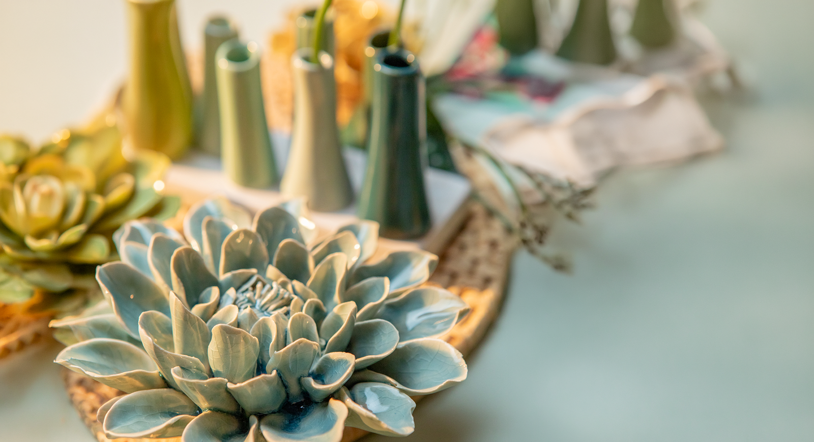 Powder Blue Aphrodite Dahlia ceramic wall flower styled with succulent and decor — France Collection — Chive Studio Toronto