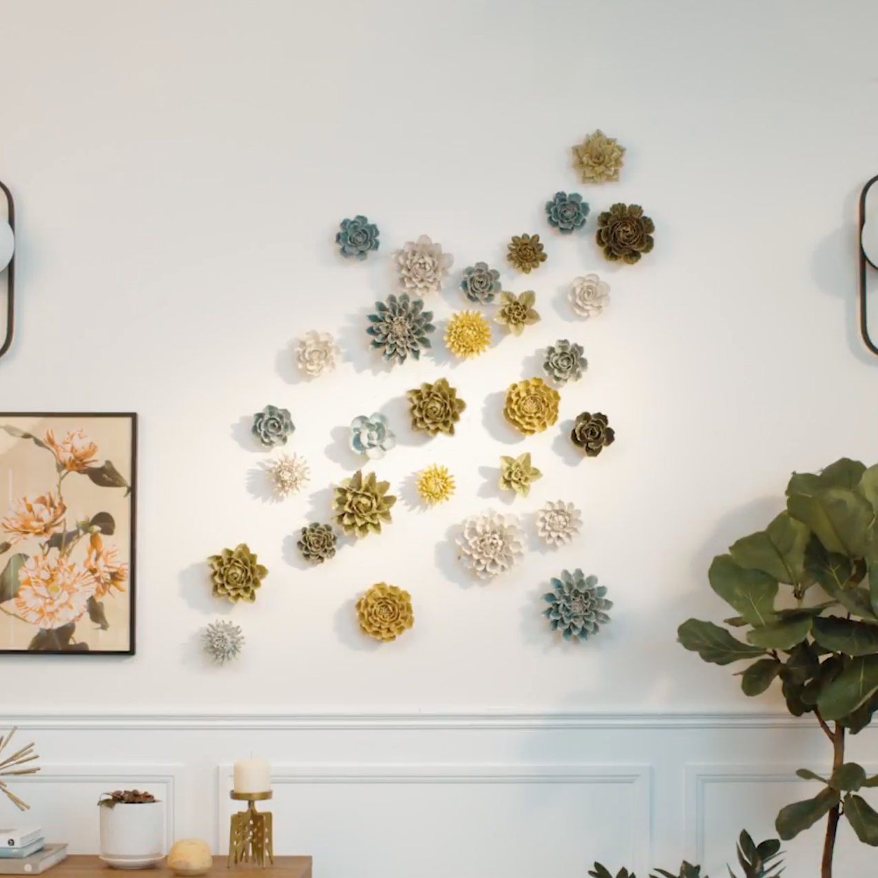 English Garden Collection Ceramic flowers arranged on wall display as home decor art — Chive Studio Toronto