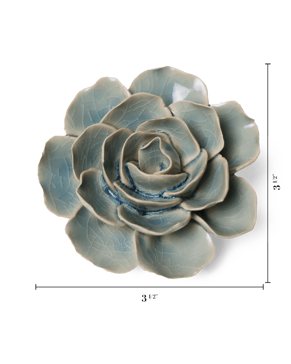 Powder Blue Amandine Ranunculus ceramic wall flower dimensions  — English Garden collection — designed in Toronto by Chive Studio