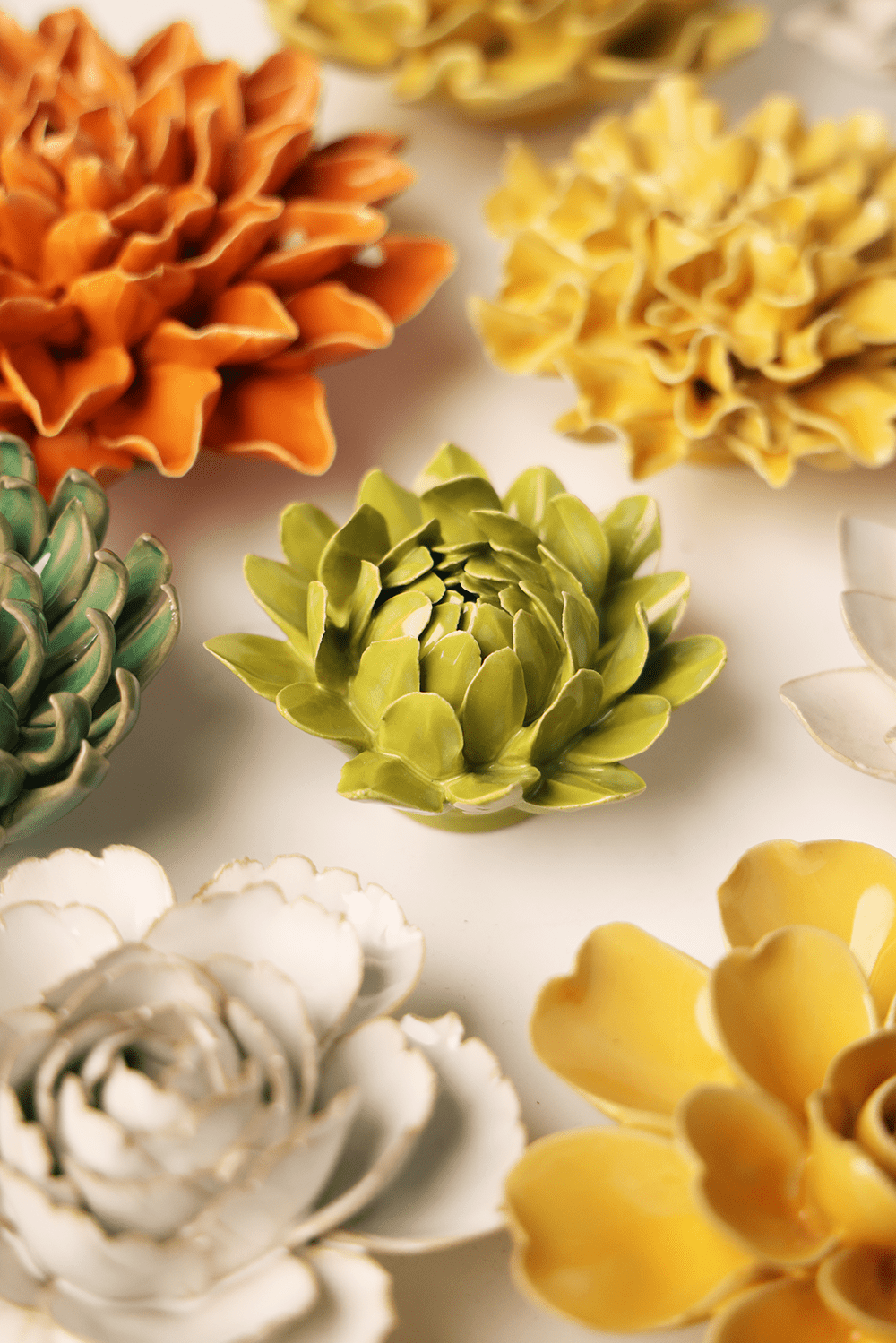 Chartreuse Sugarbush Protea ceramic wall flower styled on wall — English Garden — Chive Studio Toronto