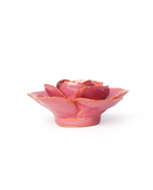 A small pink ceramic flower-shaped dish with gold-painted edges, photographed on a clean white background.