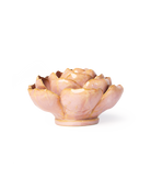 A glossy pink ceramic lotus-shaped dish with gold metallic accents along the petal edges, set against a plain white background.