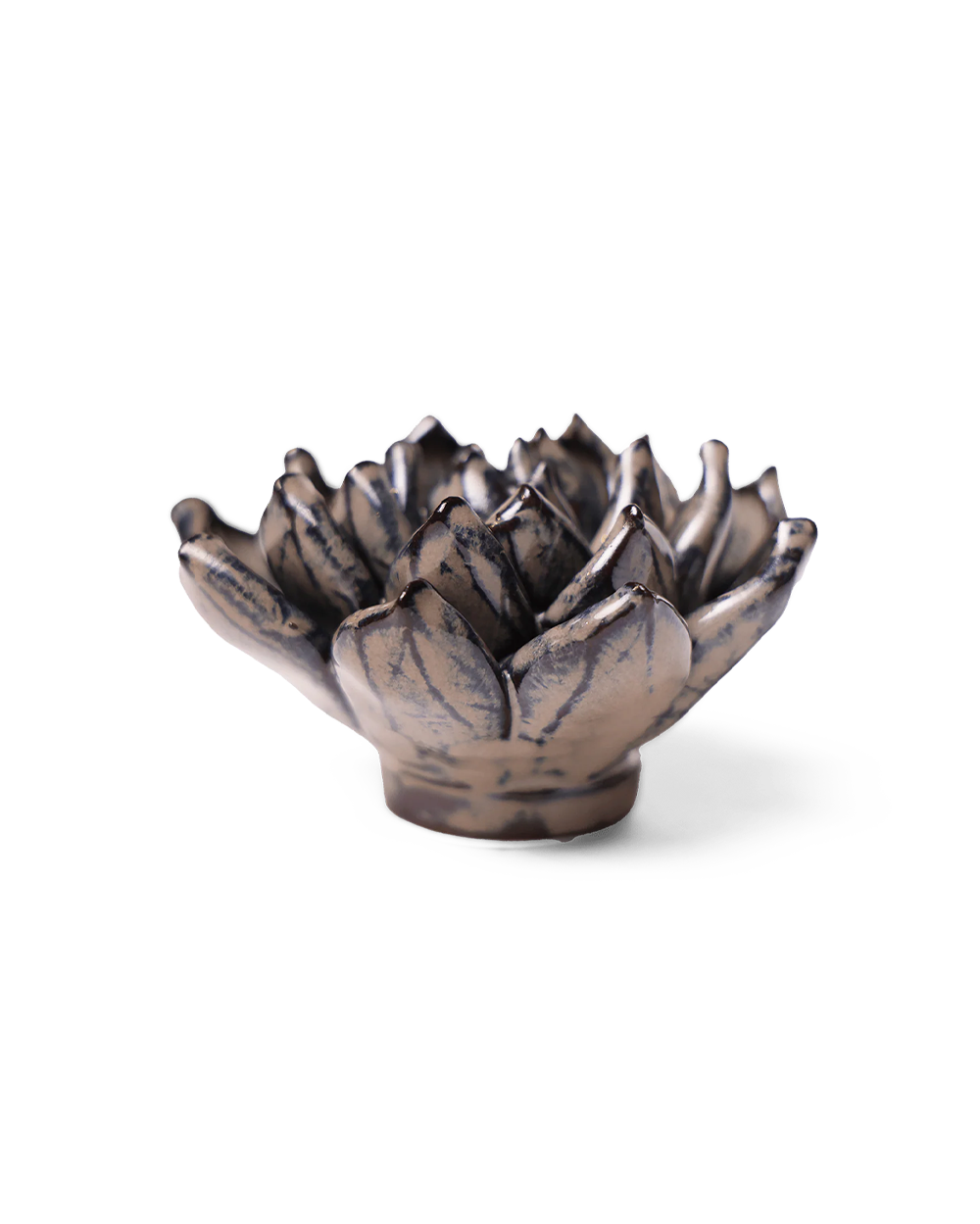 A small ceramic flower-shaped bowl with a textured, metallic bronze finish and dark glaze details, set against a plain white background.
