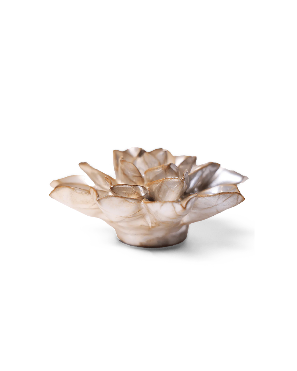 A sculptural lotus-shaped dish or candle holder made from natural mother-of-pearl shell, featuring iridescent beige and cream tones with subtle gold-brown highlights, set against a plain white background.